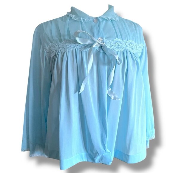 Vintage Blue Swan Womens Bed Jacket Sz Medium Sheer Nylon Lace Sissy Coquette - Picture 3 of 7